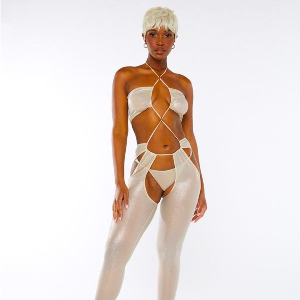 Savage X Fenty by Rihanna gold gathered mesh crotchless catsuit.
